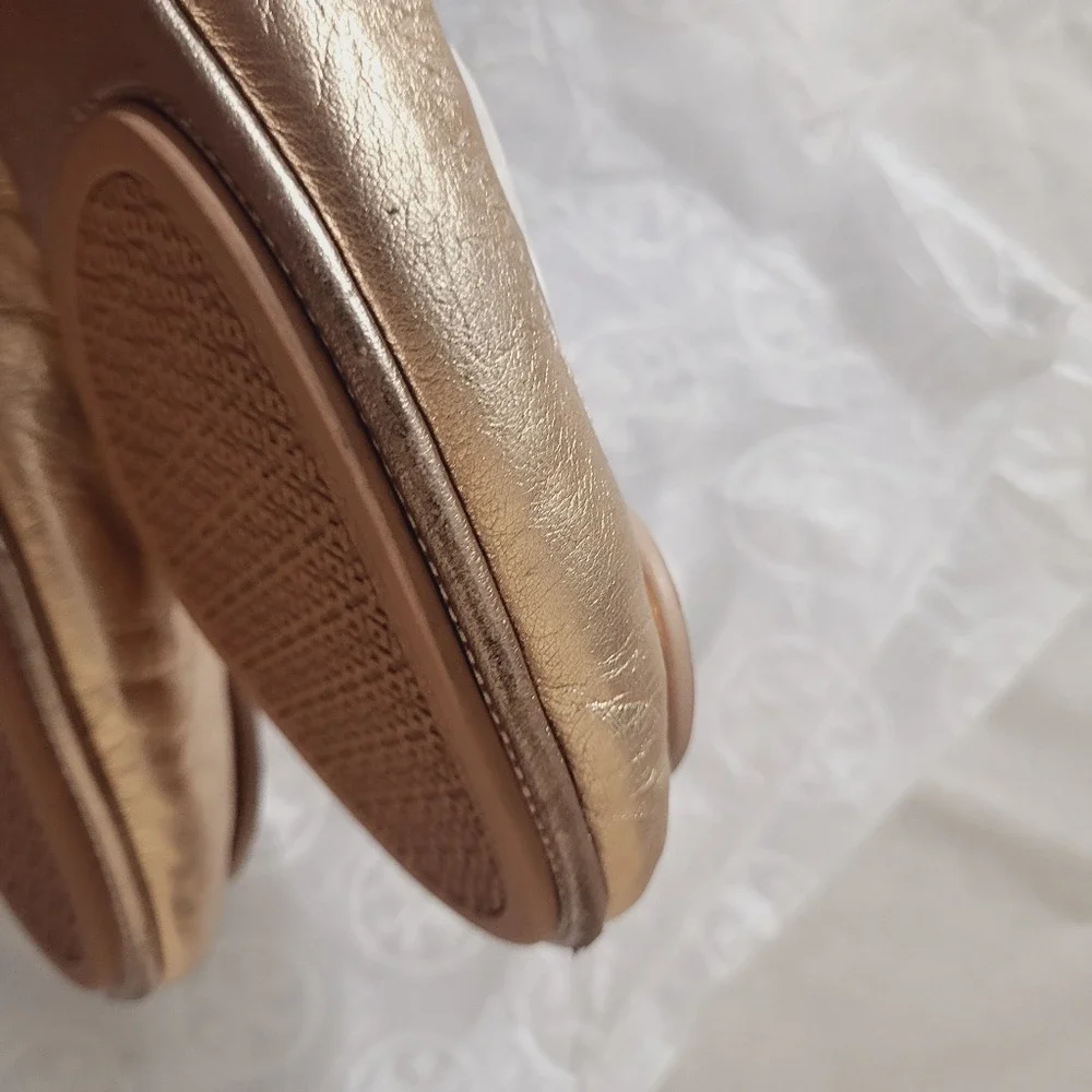 Tory Burch Minnie Rose Gold Leather Logo Travel Ballet 6.5 Metallic Minimal